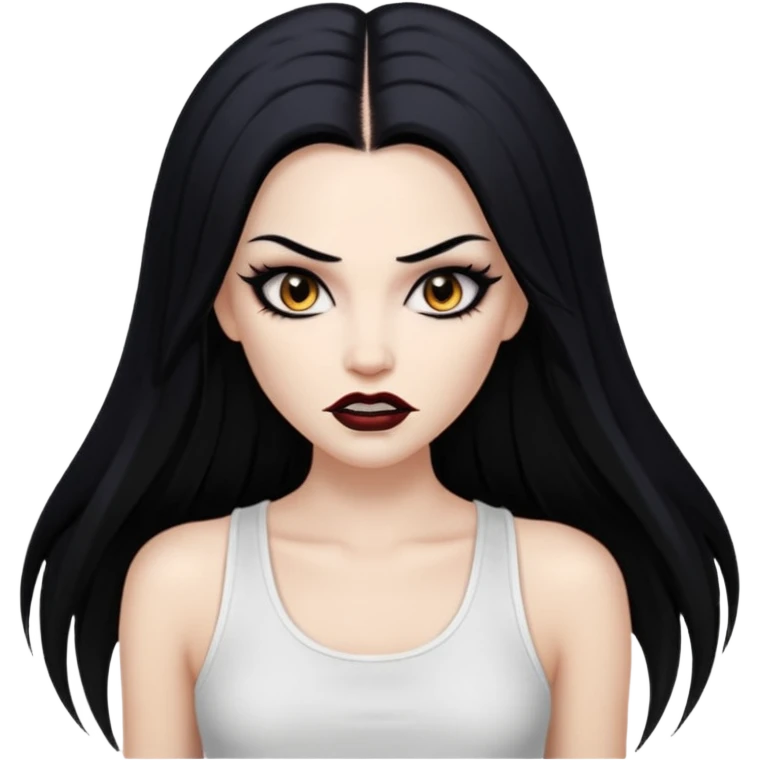 White woman with a white tank top long black hair glossy middle part straight long hair vamp look with fangs brown eyes eyeliner winged with lashes top and bottom white border big lips black eyebrows emoji