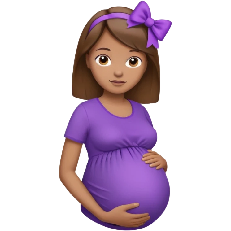 Brown Hair, straight, light brown skin, purple shirt, pregant, head, neck and abdomen only, purble bow in hair emoji