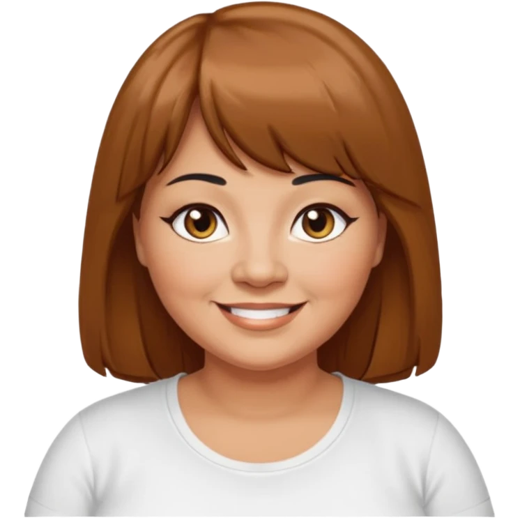 middle aged overweight woman with tan skin, black eyeliner, long brown hair with bangs, brown eyes, smiling, white t-shirt emoji