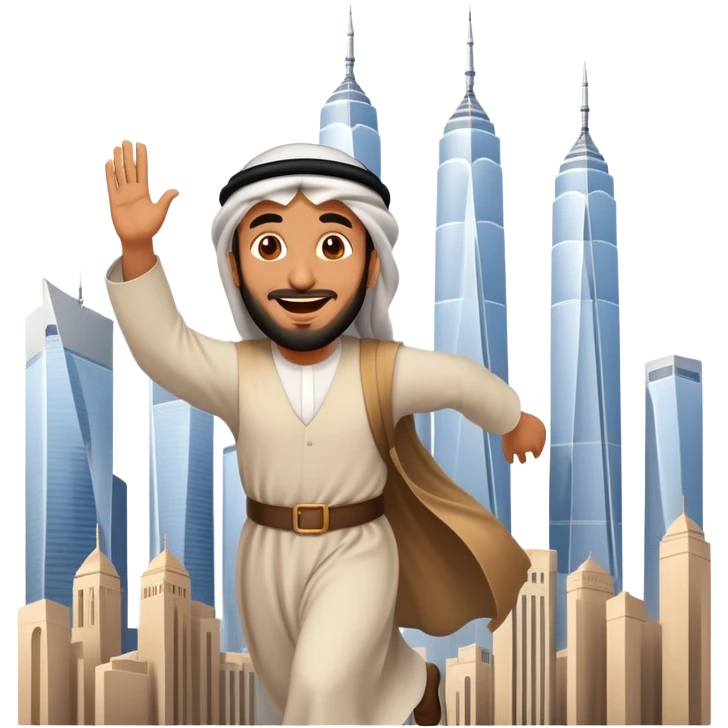 a happy arabic man flying towards twin towers emoji
