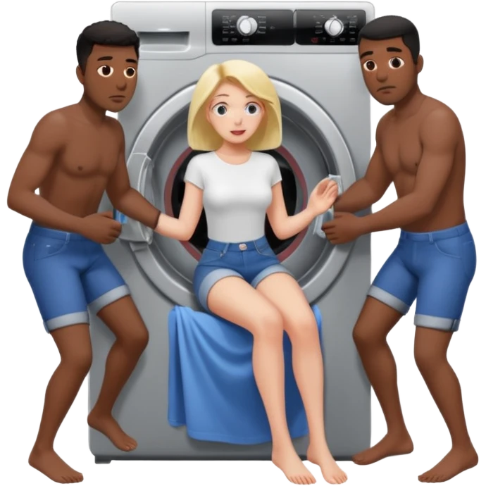 Eine Frau steckt bis zum Bauch in einer Waschmaschine fest und nur die Beine gucken raus und zwei schwarze männer ziehen an ihren Beinen um sie raus zu holen  emoji