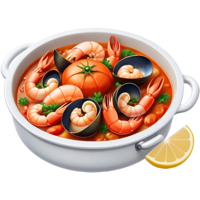 Cinematic Realistic Buzara Seafood Dish Emoji, depicted as a rustic, flavorful seafood stew with shellfish rendered with rich textures and dynamic, maritime lighting. emoji