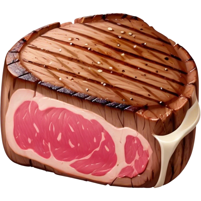 Cinematic thick-cut steak, perfectly seared with grill marks, a juicy pink center, rich and savory, warm glow, sizzling and mouthwatering, highly detailed and appetizing. emoji
