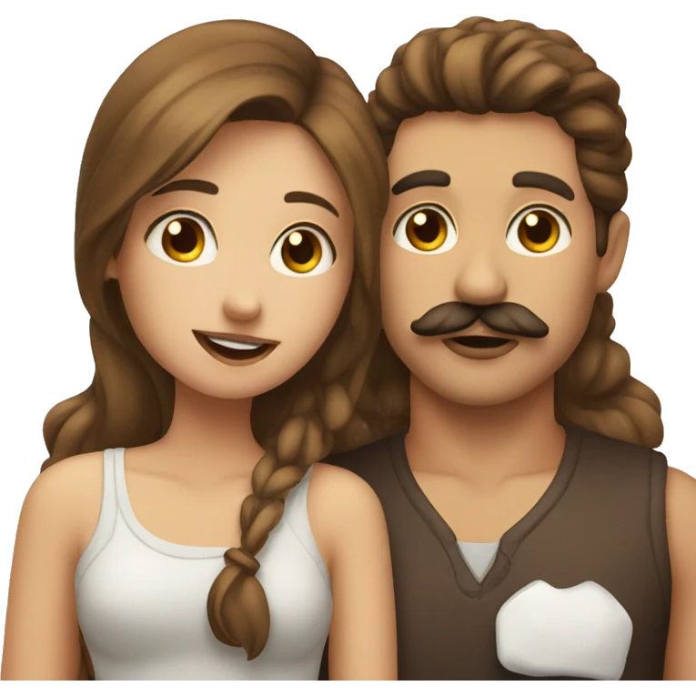Guy with mustache kissing girl in brown hair emoji