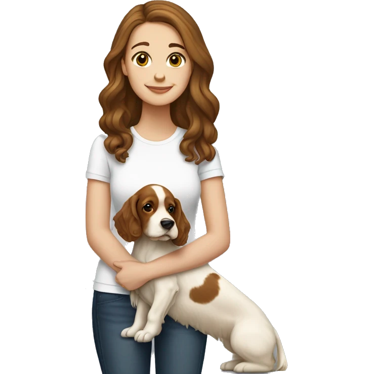 White Girl with brown hair holding yellow cocker spaniel mix emoji