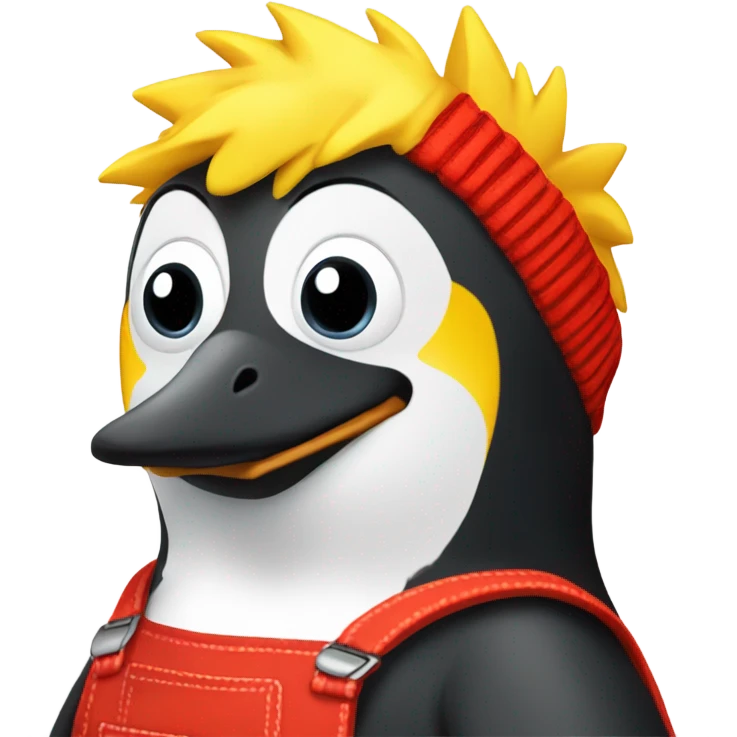 Penguin with a yellow Mohawk and red dungarees emoji