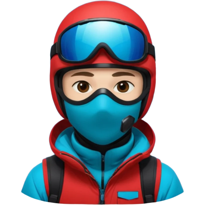 портрет головы сноубордиста в черном шлеме, зеркальной маске, в отражении маски снежные горы, черной балаклаве закрытым лицом, красной куртке, насыщенным сине-голубым однотонным фоном. emoji