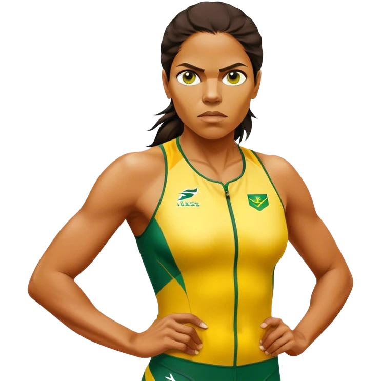 Cinematic Realistic portrait of Cathy Freeman, shown as an iconic Australian sprinter with a focused, determined expression and modern athletic yellow and green attire accented with subtle native motifs, rendered in dynamic, vibrant lighting emoji