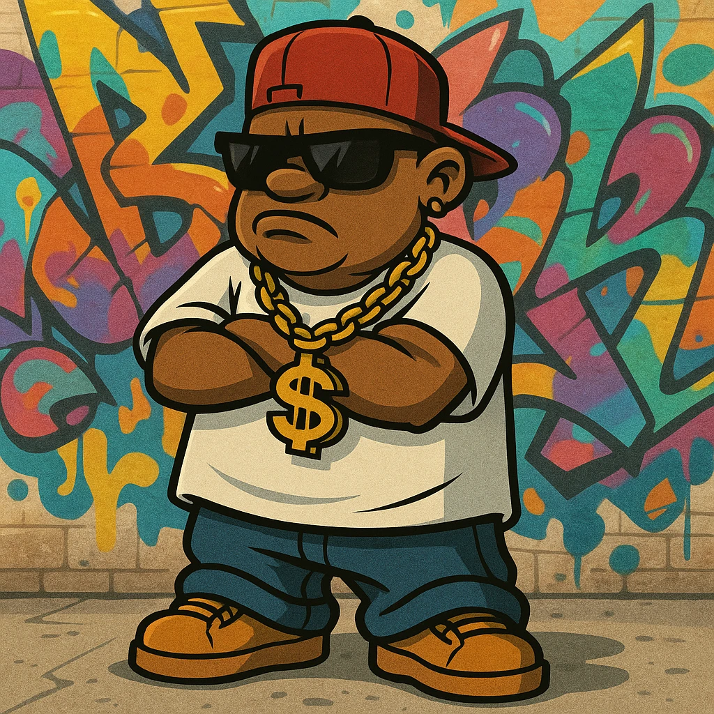 gangsta character, cartoon style, sunglasses, baggy clothes, graffiti background emoji