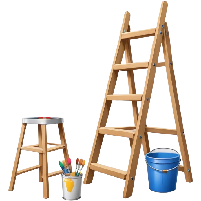Wall painting icon. An unfinished painting painted on a white wall with no frame, visible paintbrushes, rollers, and a bucket of paint, wooden ladder beside, minimalistic style, clean lines, transparent background. emoji