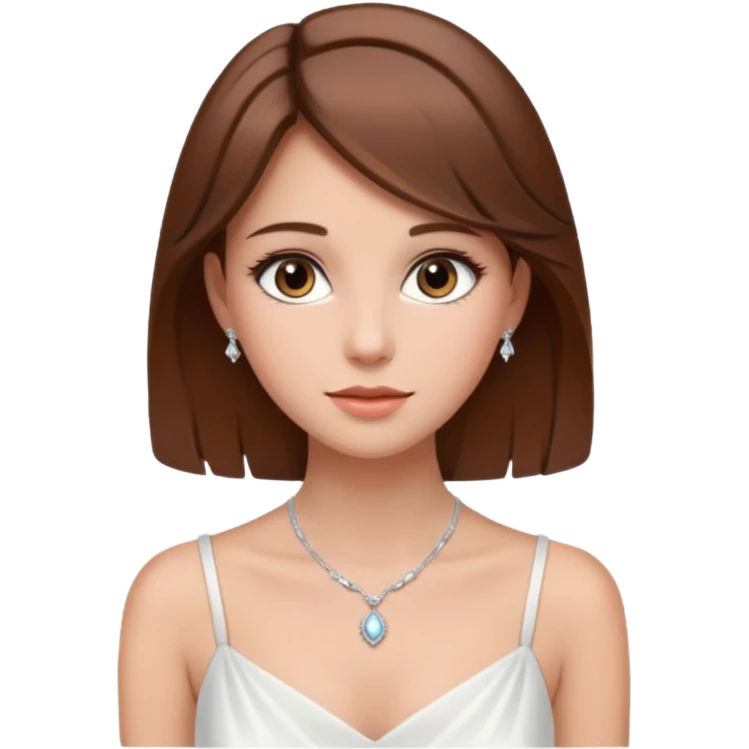 a middle brown hair girl with elegant white dress, wearing necklace, wearing makeup emoji