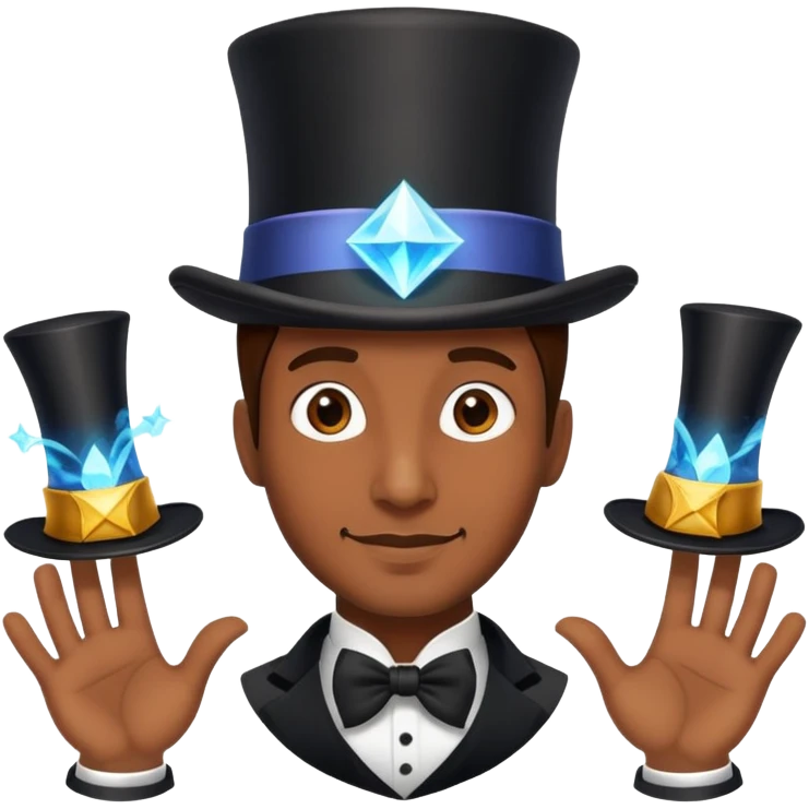 one brown skinned man with three magic top hats emoji