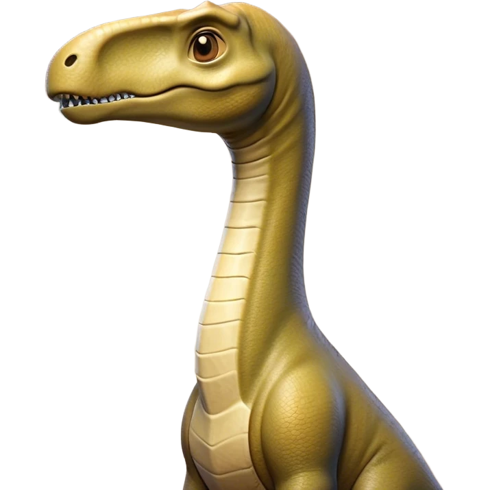 Cinematic Noble Brachiosaurus Portrait Emoji, Poised and majestic, with a towering, elongated neck stretching gracefully from a robust, column-like body, a small, gentle head with curious eyes, and subtle, textured skin in earthy tones, Simplified yet sharply defined features, highly detailed, glowing with a soft, golden radiance, high shine, intelligent and serene, stylized with an air of prehistoric grandeur, focused and calm, soft glowing outline, capturing the essence of a watchful and confident Brachiosaurus that appears ready to gracefully emerge from the screen with effortless power! emoji
