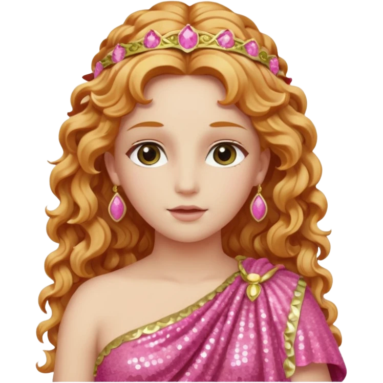 Venus, Goddess of Love from Roman Deities with long strawberry blonde wavy hair, pink sequin toga emoji
