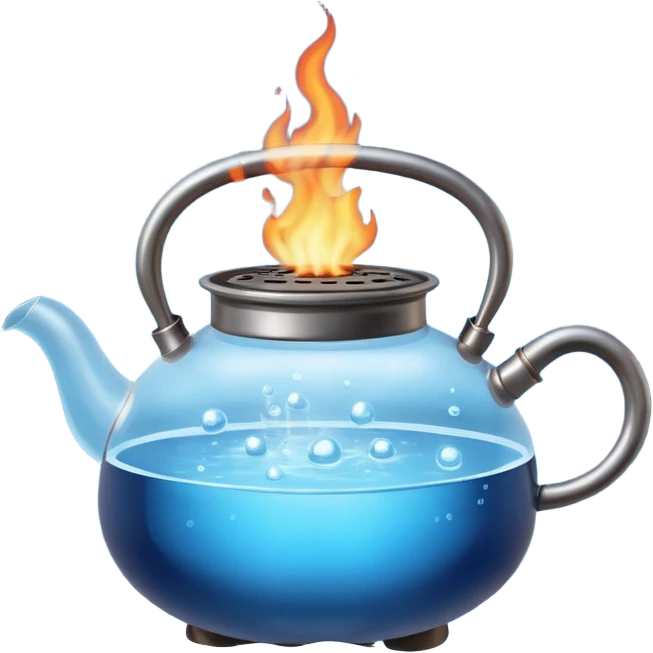  a small pot or kettle filled with water placed on fire, the water is boiling intensely with visible steam and bubbles rising, bright lighting, clean white background emoji