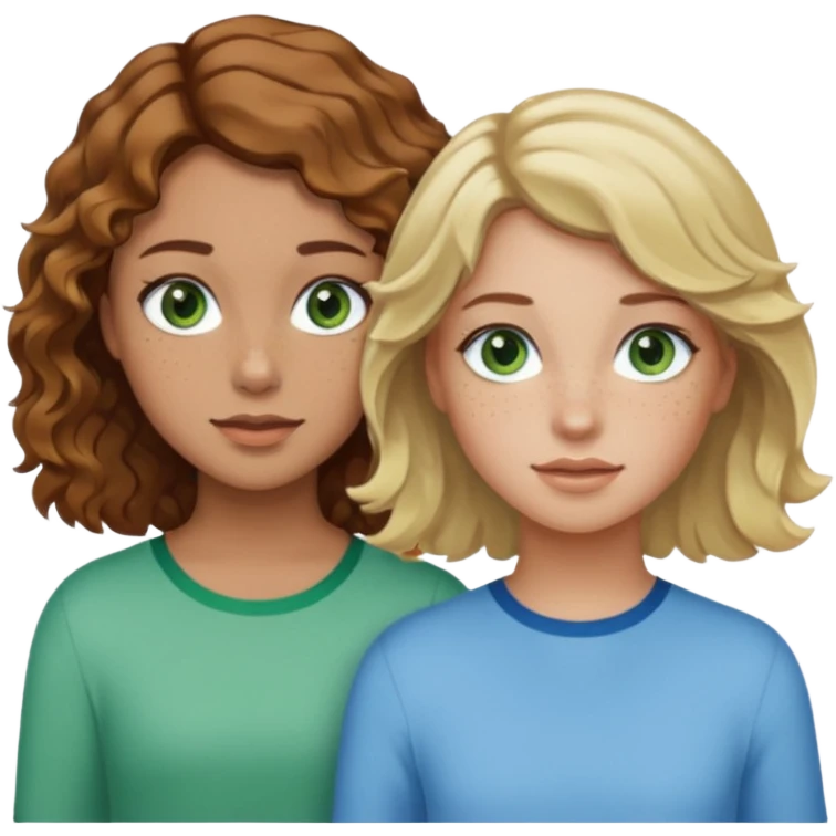 À girl with wavy brown hair, light tan skin and green eyes and freckles next to a girl with short blonde wavy hair, tan skin and light blue eyes emoji