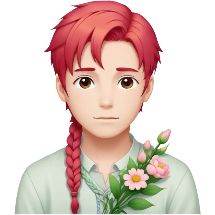 Gorgeous pastel red hair with a thin braid on the side anime style handsome sexy gojo guy with blushing face and flowers aesthetic trending style outside emoji