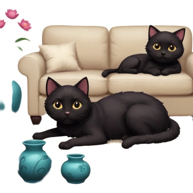 schwarze Katze auf dem Sofa mit unschuligem Blick und Hund auf dem Boden vor einer zerbrochenen Vase - Zimmer ist verwüstet, Kissen liegen unten emoji