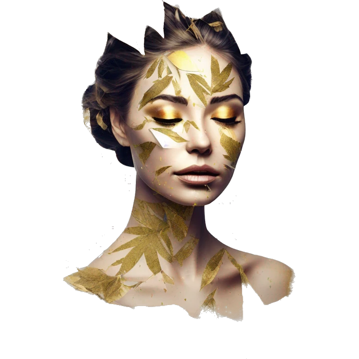  Hemp 420 lady face melting gold drizzle kintsugi multicoloured funky palm leaves tropical made of 420 origami newspaper roses hemp leaves bokeh and paper and hemp leaves in hair emoji