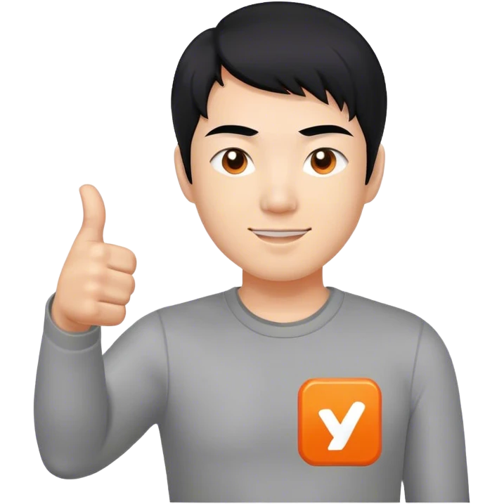 Thumbs up, but with black hair representing an asian man. Grey shirt, with a small logo that is shaped in solid Orange, and a white "Y" inside of it. emoji