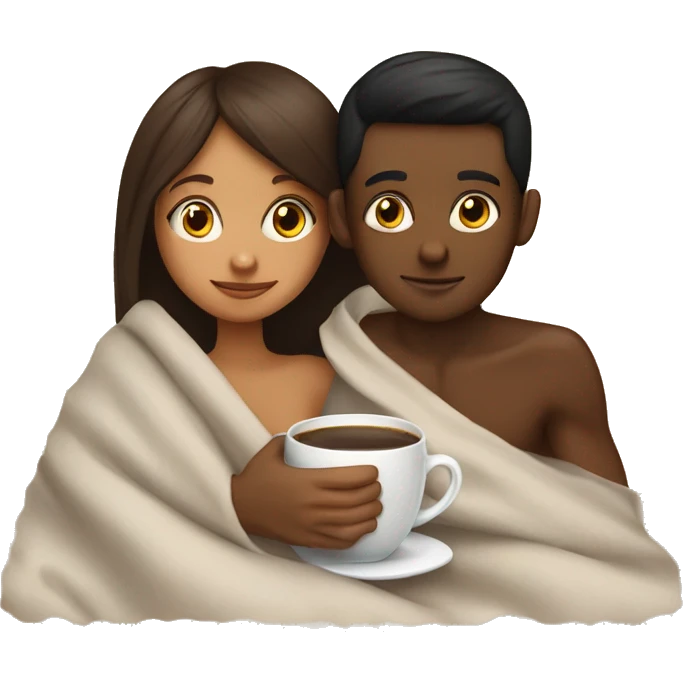 TAN SKIN GIRL AND BROWN SKIN BOY inside a blanket sipping coffee emoji