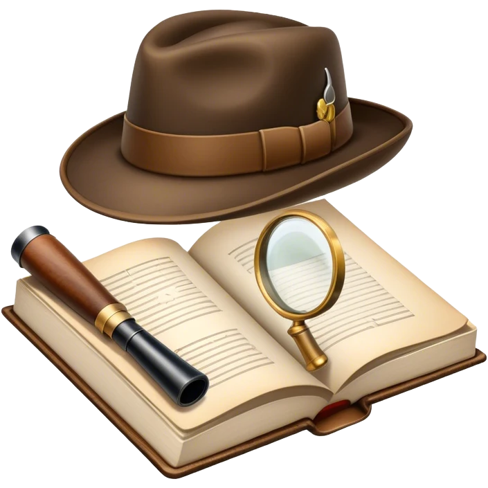 Icon for Detective Reading: an open book with a magnifying glass on the pages, a classic detective hat, and a pipe, surrounded by clues like footprints, a revolver, and a notepad. The icon should represent the mystery and intrigue of detective stories. Transparent background. emoji