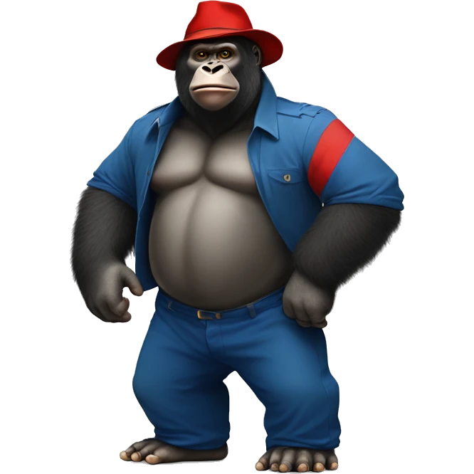 gorilla in paddington bear's  blueclothes and red hat, full body musular  emoji