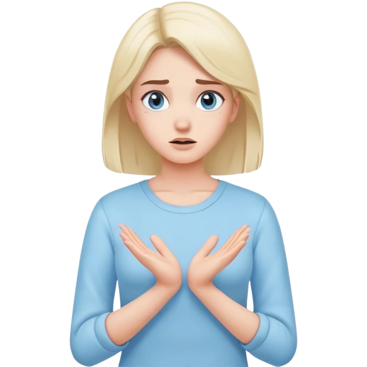 girl wearing pastel blue clothes shrugging with hands spread in an "I don't know" gesture emoji