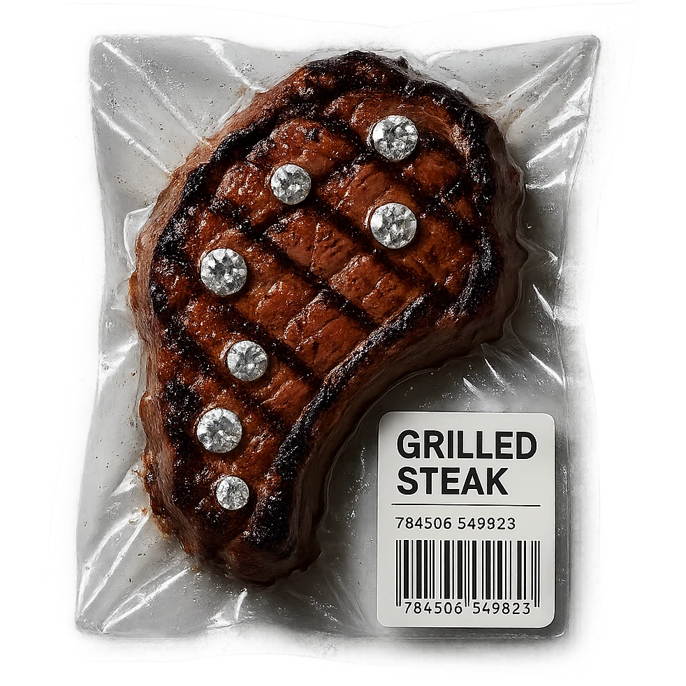 grilled steak with scattered diamonds, glossy, vacuum-sealed style emoji