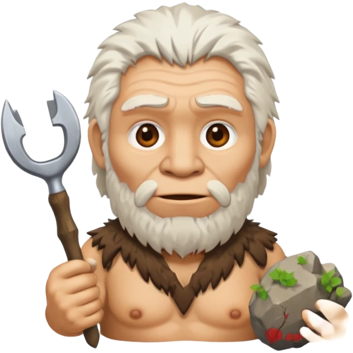 cartoon old Neanderthal with messy white hair and stone tool emoji style emoji