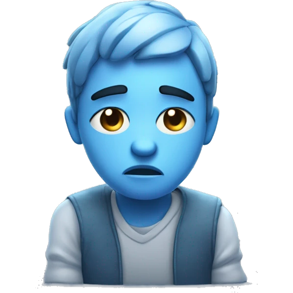 A sad 3D character sitting with slouched shoulders, looking down, and frowning. Teardrops on the face, hands resting in their lap, with soft blue tones enhancing the melancholic mood. emoji