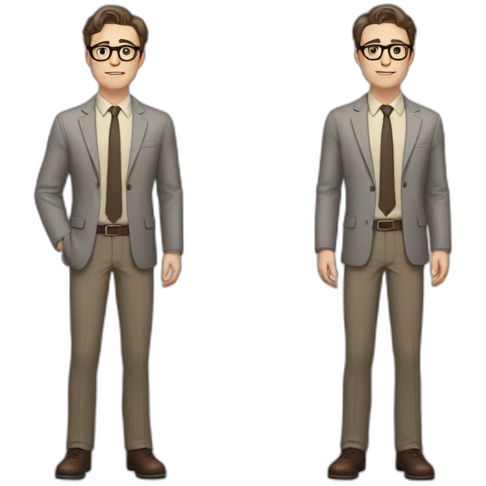 Full height Pale skinned Fit Man With dark brown hair in gray jacket, beige office shirt, tie, Brown pants and vintage glasses. Thrumbs of his palms directed up emoji