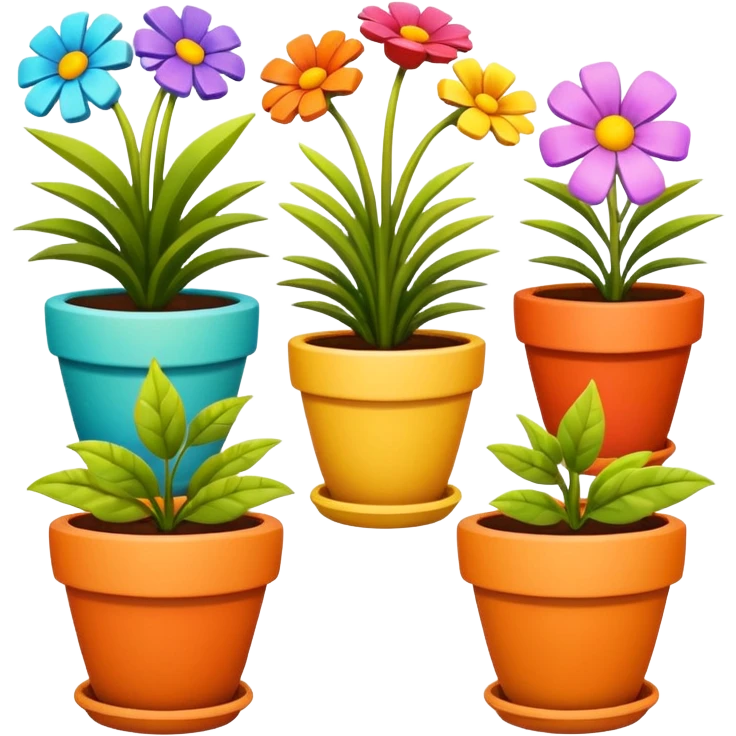 flower pots object icon, colorful plant pots with blooming flowers, ceramic and clay textures, vibrant garden vibe, 3D cartoon style, mobile game icon style, centered composition, clean background, no text, no watermark
 emoji