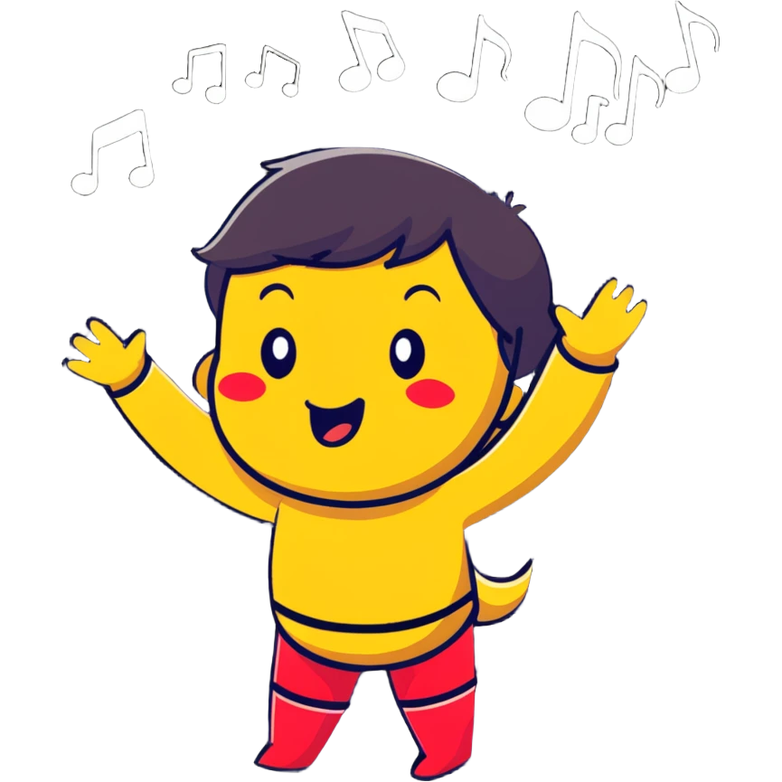 Ruko Yokune in singing pose with musical notes, colorful cartoonish sticker style emoji