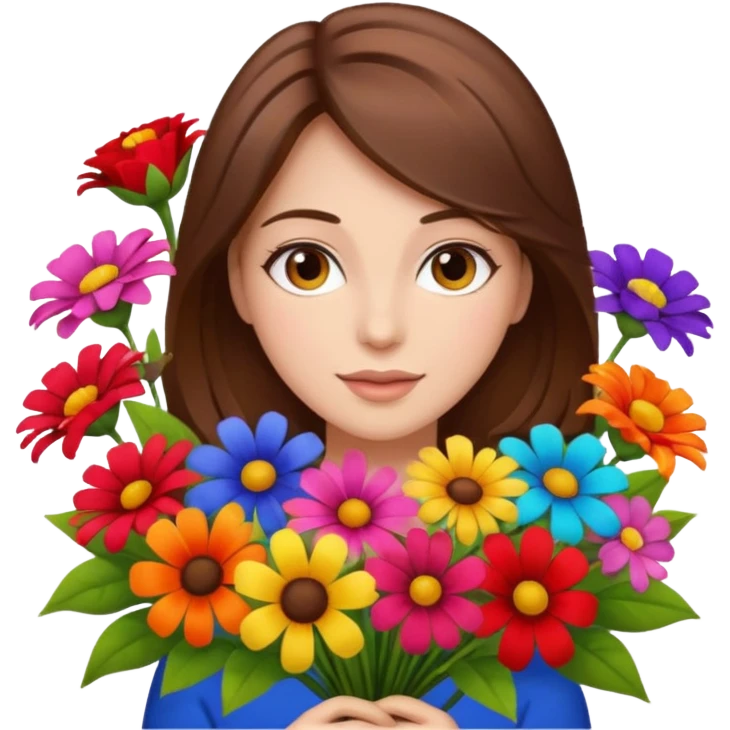 brown hair woman with big bouquet of flowers emoji