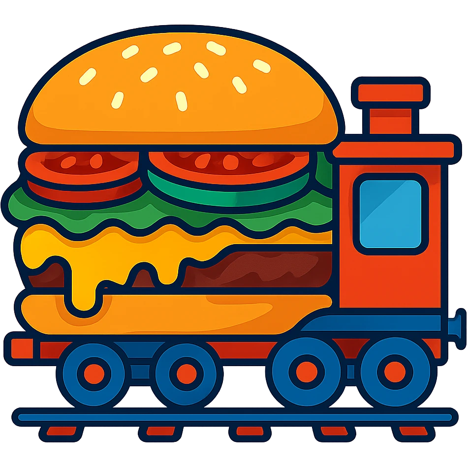 a single train car shaped like a cheeseburger, with melted cheese, lettuce, tomato, and sesame seed bun, playful and colorful, cartoon style emoji