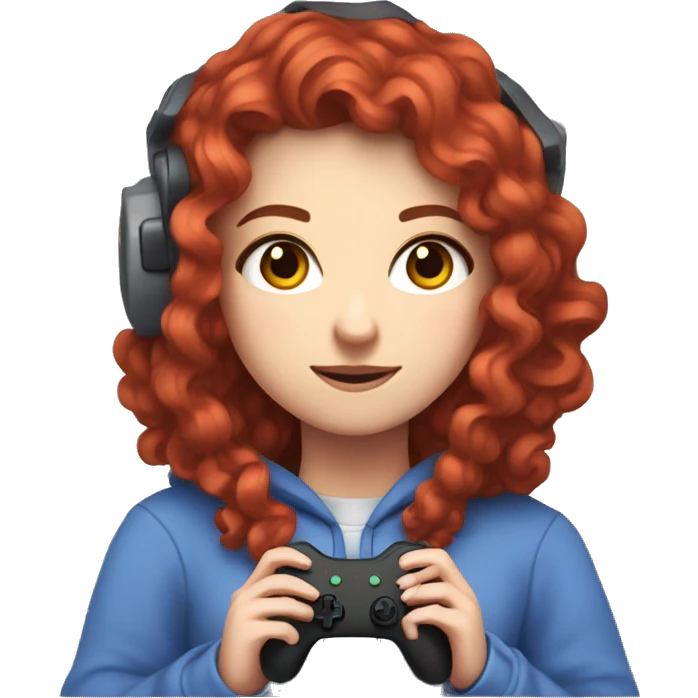 a white girl with long red curly hair, wearing periwinkle Minecraft hoodie holding a controller emoji