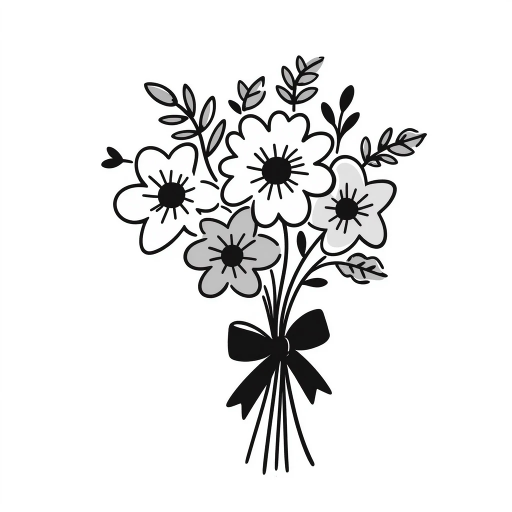 A beautiful bouquet of mixed flowers with ribbon in pastel colors (dd9fb0, ffc6d3, a3bfc9, c4bee2, f1b091), hand-drawn doodle style emoji