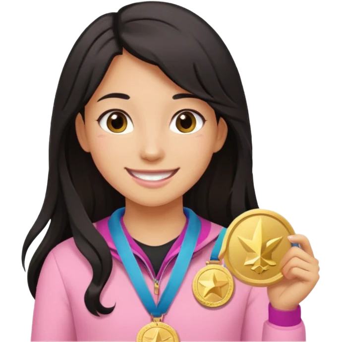 black haired girl wearing pastel pink with one medal, remove any hats, make her smile, make her hair longer, make her tan. no blue please and i said one medal only emoji