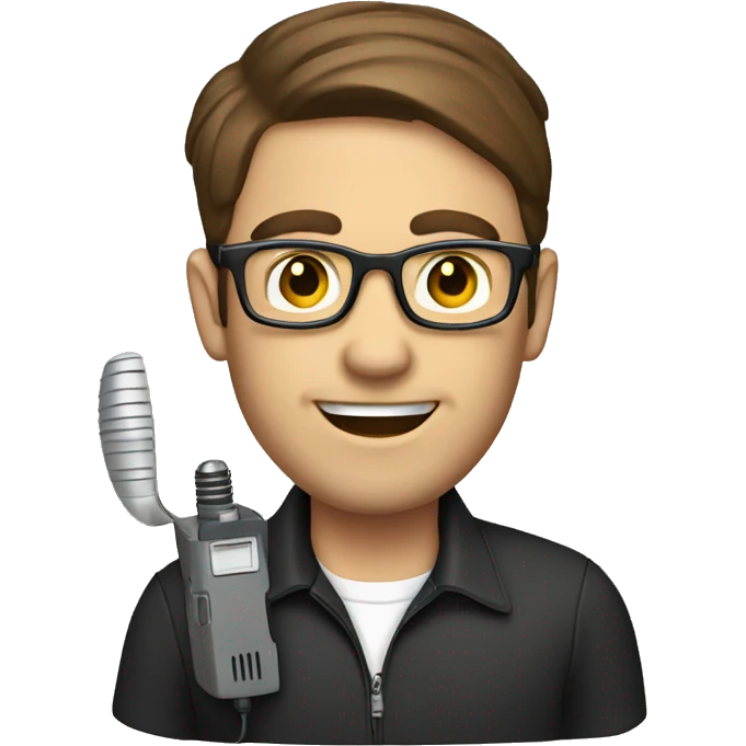 A man with brown hair and glasses holding a radio walkie talkie emoji