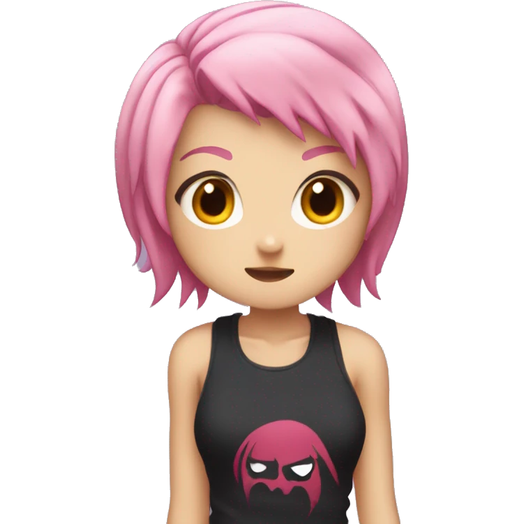 anime girl in sportswear, a tank top, pink hair and fangs like a vampire, but small emoji