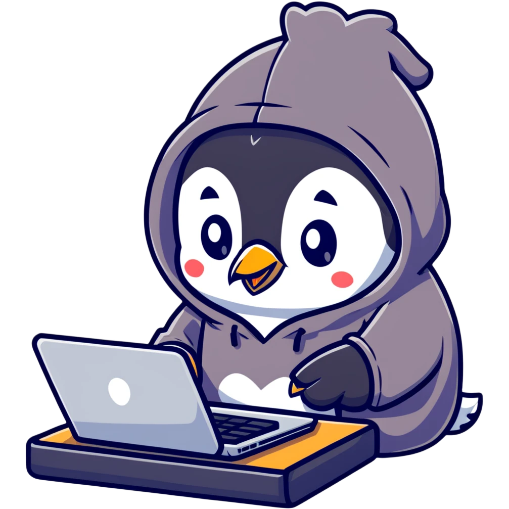 A cute penguin wearing a cozy hoodie typing on a computer keyboard emoji