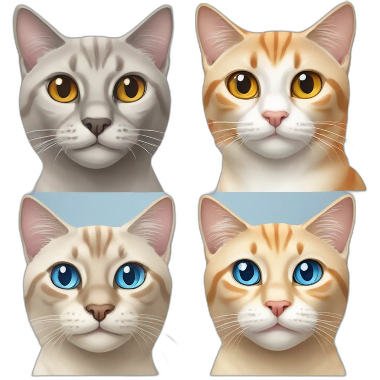 one grey lynx point siamese cat with blue eyes ,one orange and white tabby cat with yellow eyes ,one orange cat with orange eyes emoji