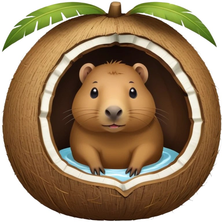 Small capybara inside a hollowed coconut, using it as a cozy home emoji