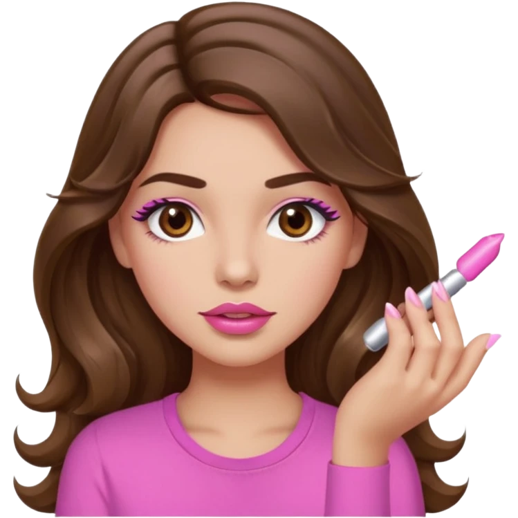 girl with long wavy brown hair, brown eyes, light to medium complexion, in a pink shirt, pink lips, long lashes, puckered lips, just had my nails done emoji