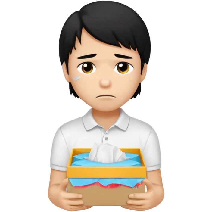 generate a pretty bratz boy with long black hair, wearing a white polo shirt. Looking sad, holding a box of tissues emoji