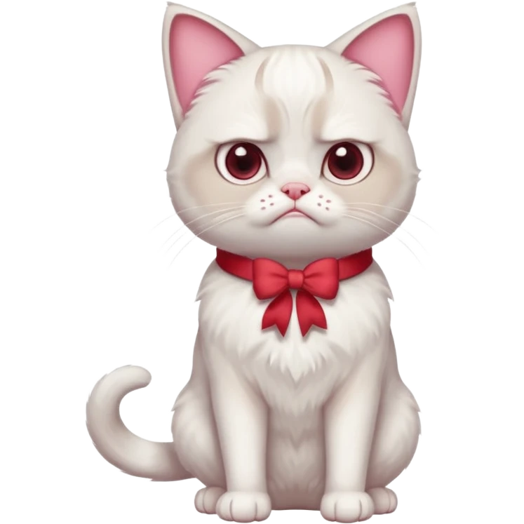 A White grumpy cat with light pink ears and paws and with a bow around its neck. The cat shall be standing on two legs emoji