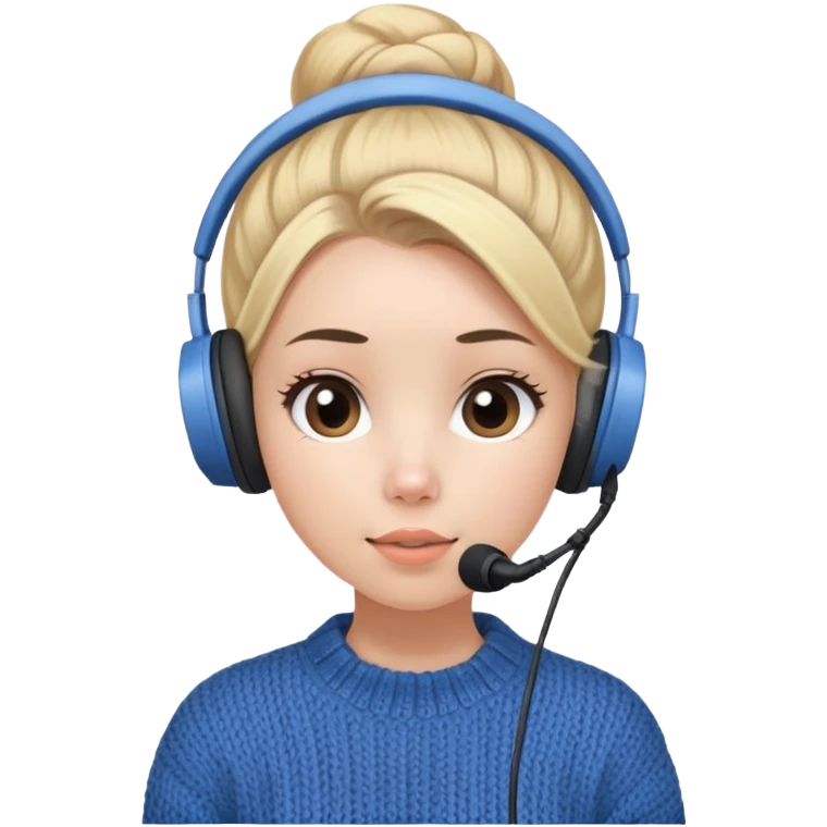 a cute face girl have bright white skin
and small natural peach lips with blue knitwear
with a blonde one hair bun and her job
is a podcaster (recording microphone
in front of her not held and a
headphone in her head) emoji