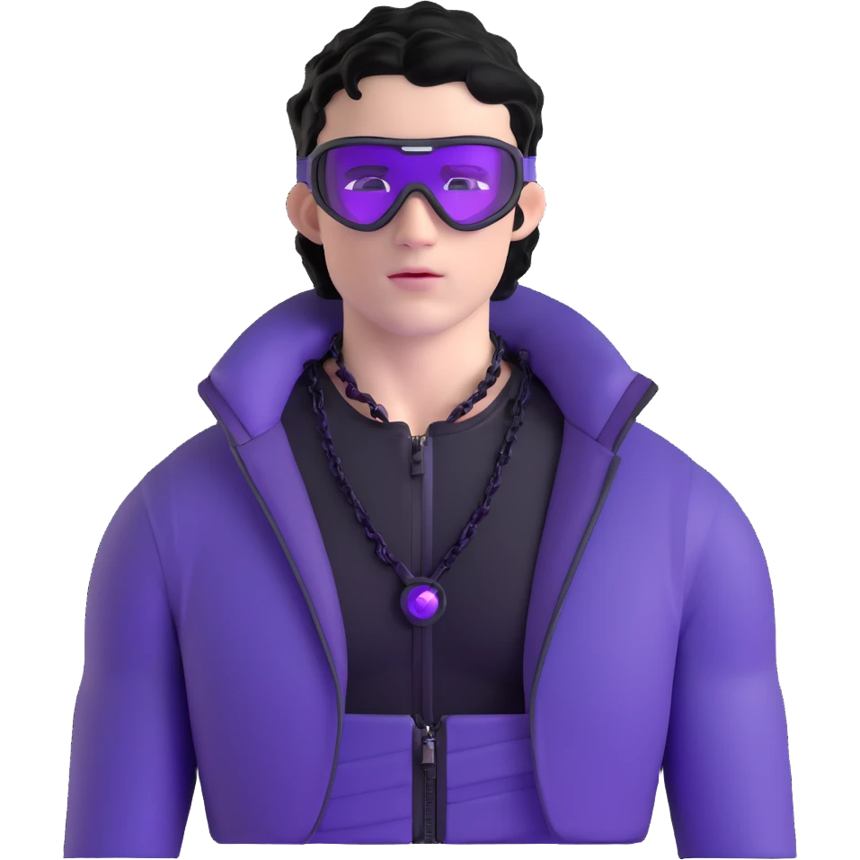 male athlete with white skin and moderately curly black hair on top with shaved sides, wearing ski goggles with purple frames and very dark black lenses, a simple plain black chain necklace, and a completely unzipped/wide open shiny purple vest fully revealing his chest and abs, no earrings emoji
