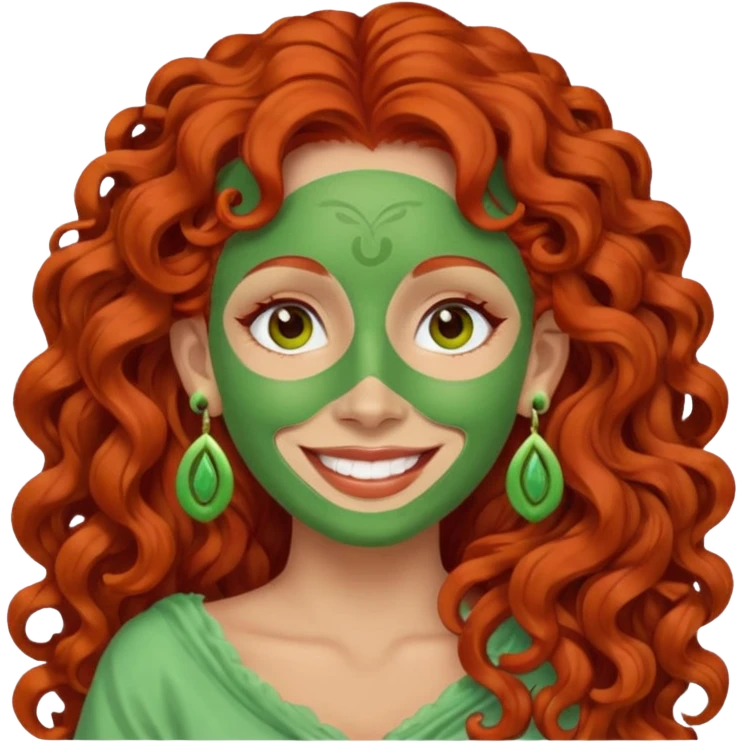 red haired very long curly haired woman with full face light green clay mask  and big earrings  emoji